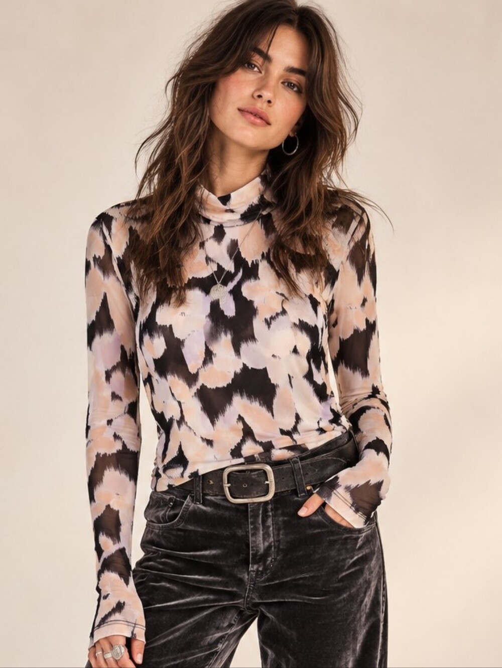 CAbi ABSTRACT FLORAL MESH MOCK NECK LONG SLEEVE TOP MEDIUM LIKE NEW!